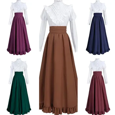 Viktorianisches Vintage-Kostüm für Damen, mittelalterliche Gothic-Rüschenhemden, langer Rock mit hoher Taille, Halloween-Renaissance-Piratenrock Image