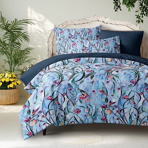 Floral Bettbezugset 100% Baumwolle Weiche und atmungsaktive Bettwäsche mit Buntglasblumen Leichter und langlebiger Bettbezug Komfortabel für alle Jahreszeiten Pflegeleicht Image