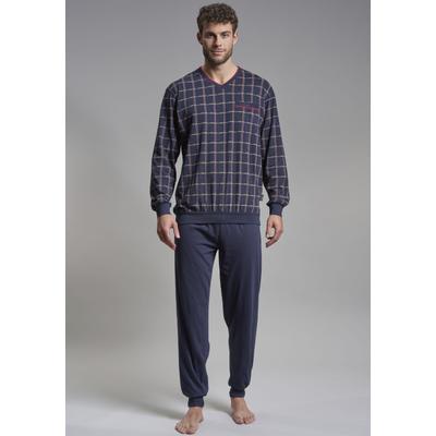 Pyjama GÖTZBURG "Bronx", Herren, Gr. 50 (M), blau (navy), Single Jersey, Obermaterial: 100% Baumwolle, bedruckt, kariert, klassisch, bequem, V-Ausschnitt, Langarm, Homewear-Sets, mit feiner Kontrastnaht und cooler Musterung Image