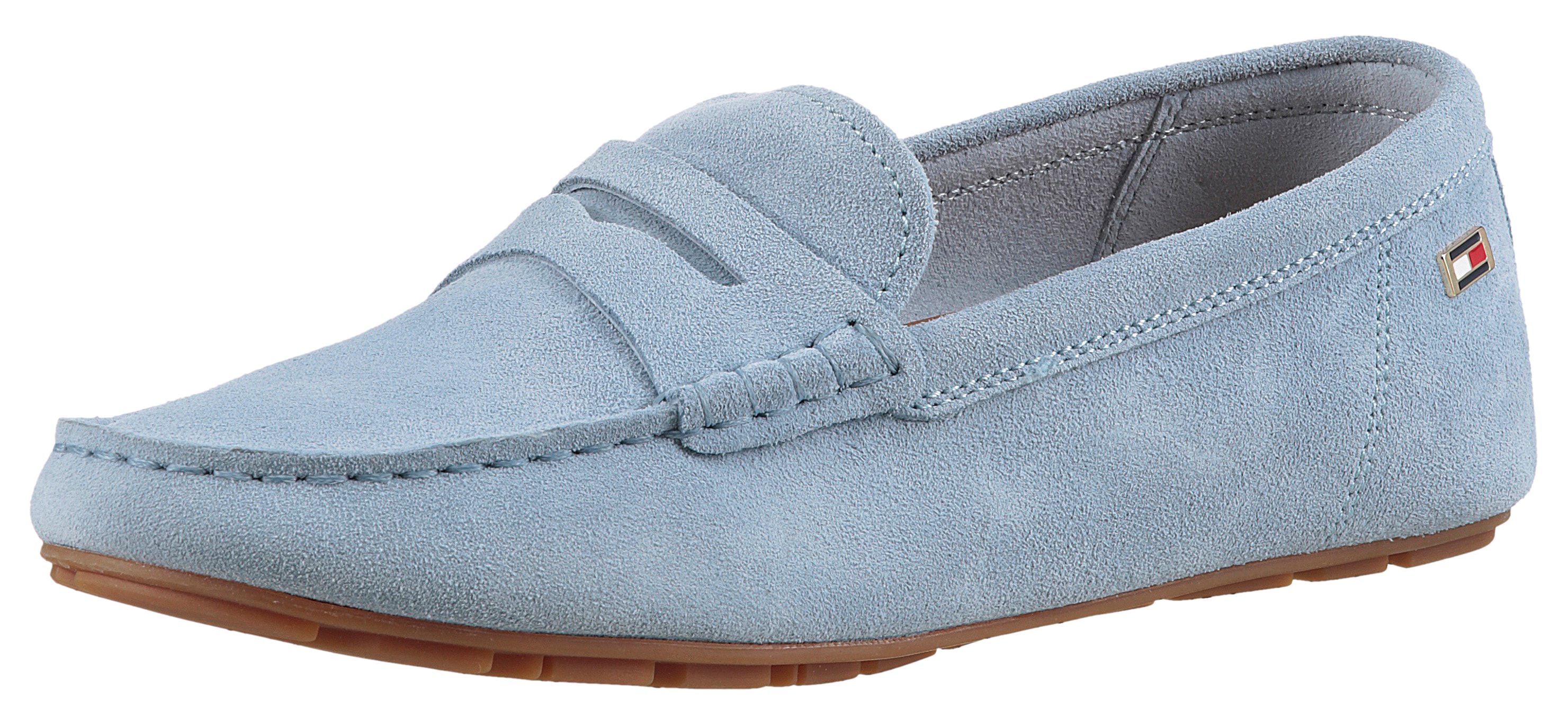 Slipper TOMMY HILFIGER "FLAG SOFT SUEDE DRIVER LOAFER", Damen, Gr. 38, blau (hellblau), Veloursleder, unifarben, Schuhe Slipper, Schlupfschuh, Bequemschuh, Mokassin, Flats mit modischen Zierriegel
