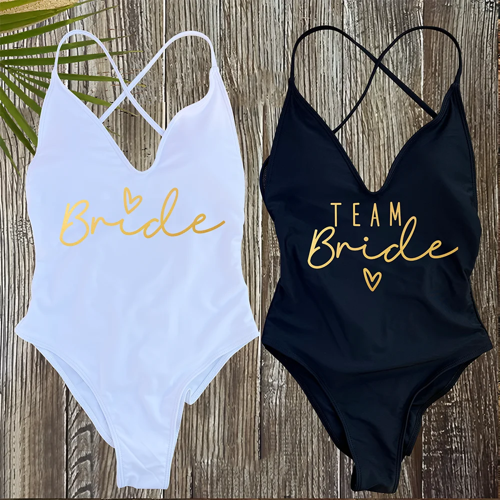 Gold Print Team Bride Einteiliger Badeanzug Squad Damen Bademode Sexy gepolsterter Bachelorette Party Badeanzug Sommer Beachwear Image