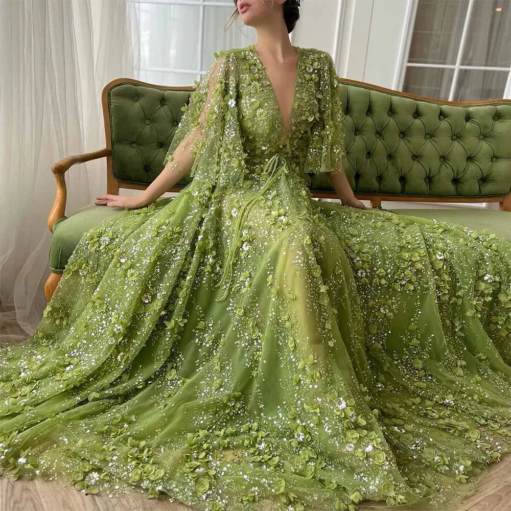 Exquisite Geburtstagsparty-Kleider, Organza, A-Linie, Ballkleid, grün, V-Ausschnitt, Applikation, Strasssteine/Kristalle, Schärpen, Abendkleider 2025, Abendkleider