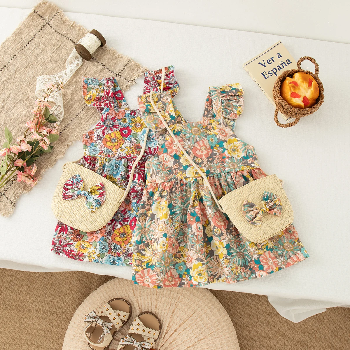 Baby Mädchen Kleid Sommer Floral Kleine Fliegen Ärmel Mädchen Kleid Nette Baumwolle Baby Kleidung Mit Taschen ﻿ Image