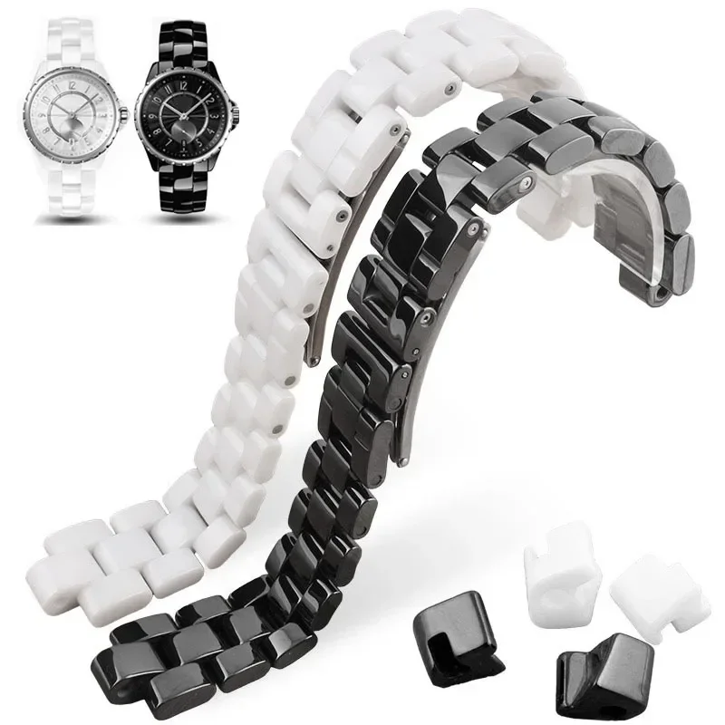 Keramikarmband Schwarz und Weiß für J12 Uhrenarmband 16mm 19mm Armband Edelstahl Faltschließe Konvexe Uhrenkette Image