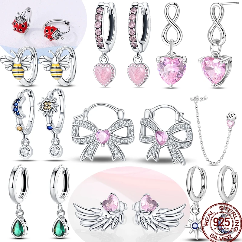 S925 Silber rosa Herz Schleife Creolen/Ohrstecker/Tropfen Ohrringe mit funkelndem Zirkonia, Stern Mond, Bienen und Marienkäfer Charms Schmuck Geschenke Image