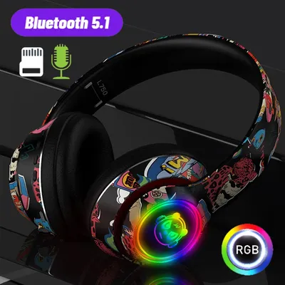 Bluetooth 5,1 Drahtlose Spiel Kopfhörer Für Handy mit mic RGB Licht Gaming headset Für Kinder PC PS4 Gamer Unterstützung TF Karte Image