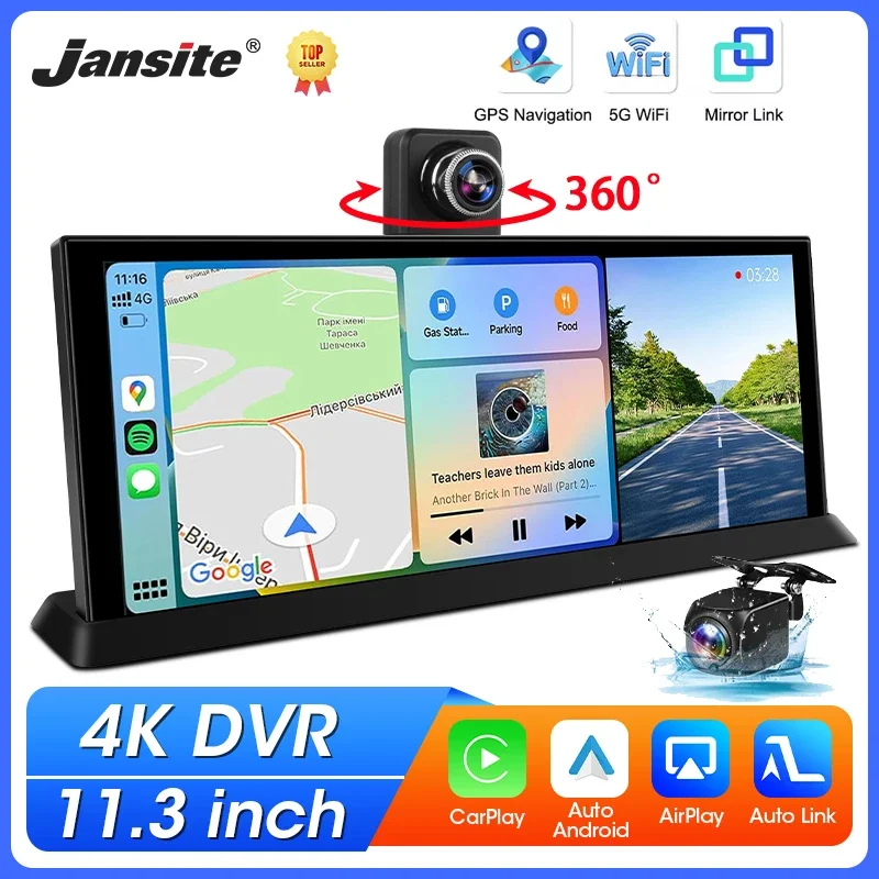 Neuer 11,3 Zoll 4K Auto DVR Wireless CarPlay & Android Auto Screen 360 ° Drehbare Objektiv-Armaturenbrett-Kamera, GPS-Navigation, Armaturenbrett-Recorder Image