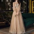 Elegante A-Linie Ballkleider Pailletten Applikationen Langarm Rundhals Tüll Hochzeitsgast Partykleidung Bodenlang