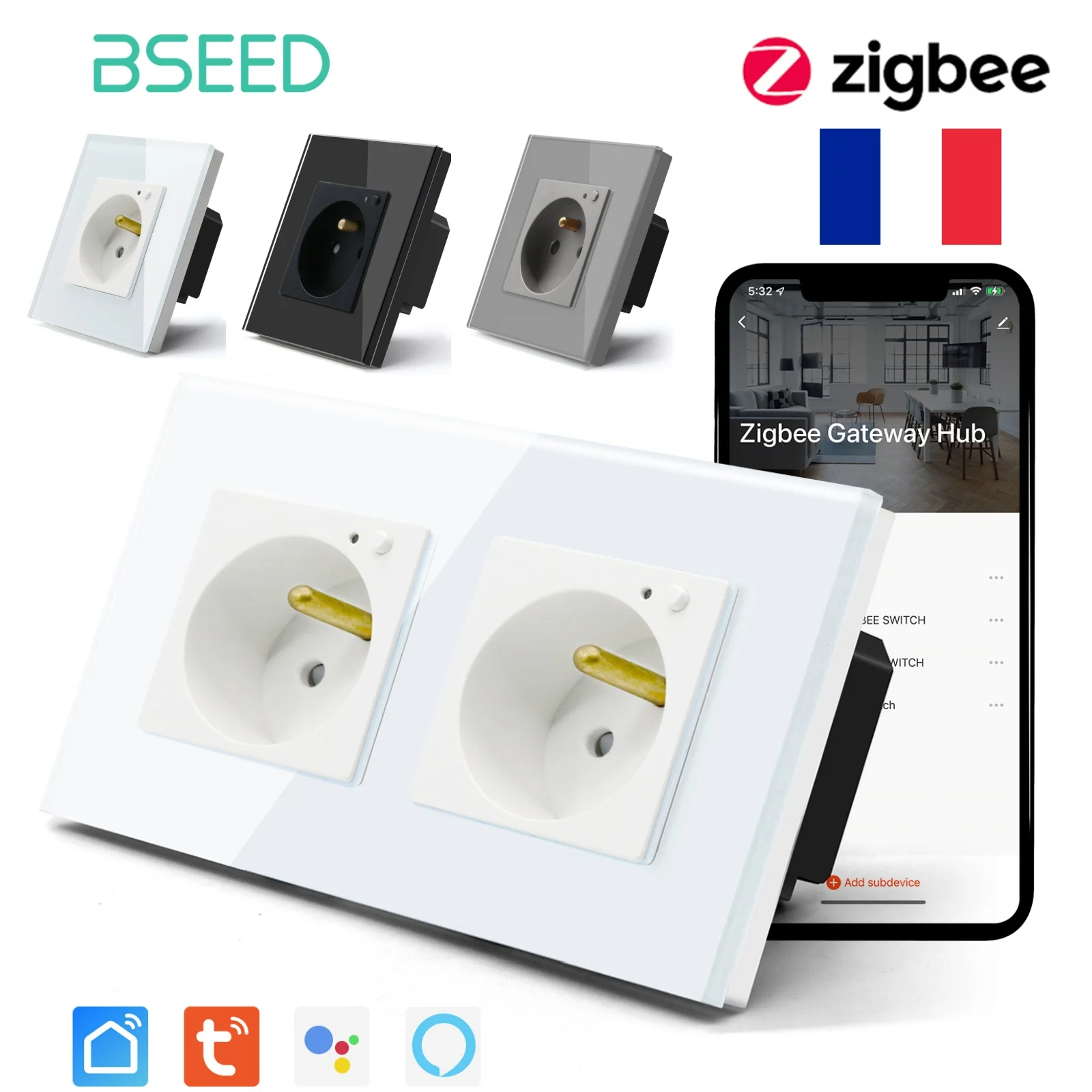 BSEED Einzelne ZigBee-Wandsteckdosen, doppelte Smart-Steckdosen, Google Smart Life App-Steuerung, Alexa FR Standard Image