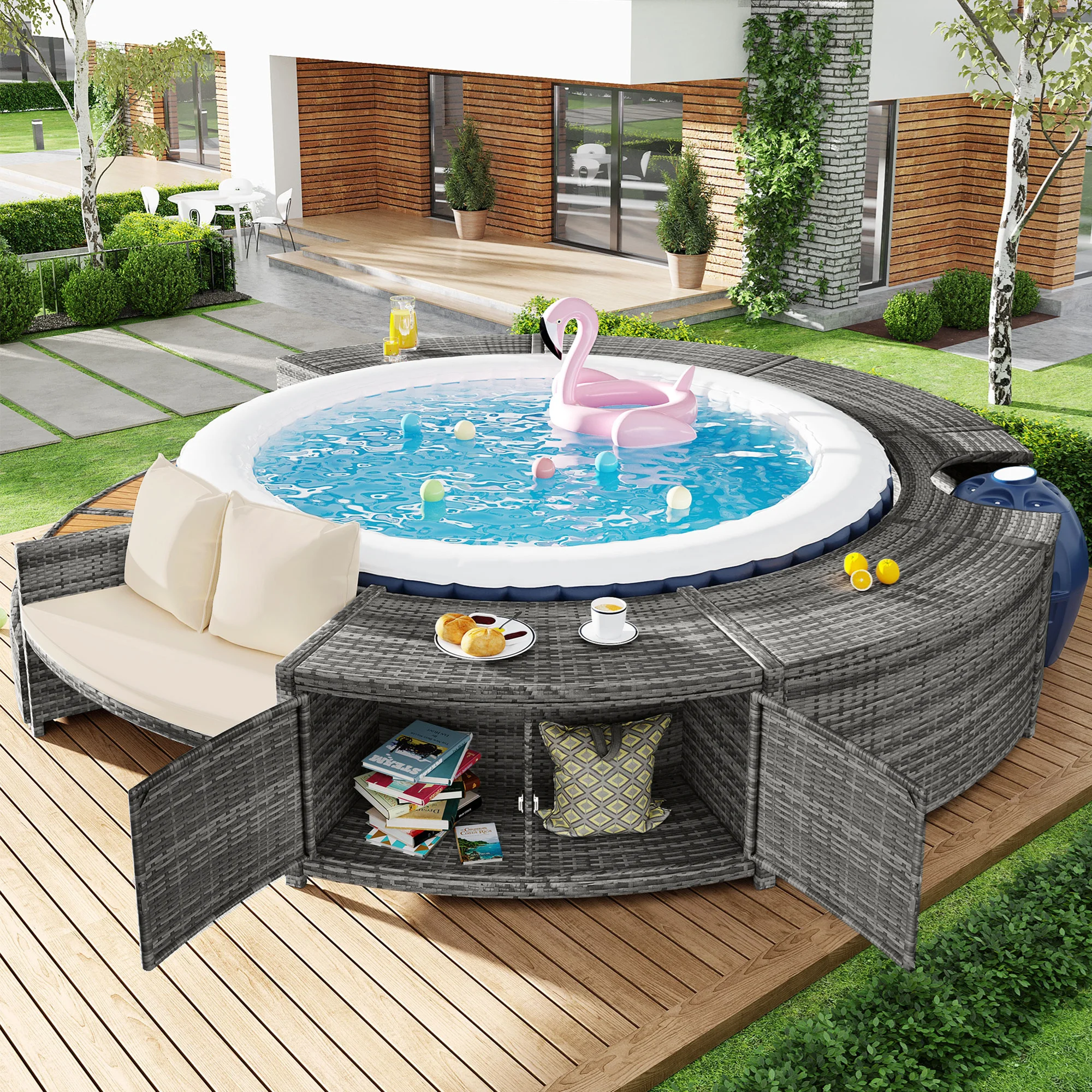 Gartenmöbel-Set,Garten-Lounge-Set Lounge-Set mit runder Couch, Garten oder Poolbereich Poolumrandung,inklusive Kissen,Möbel für Image