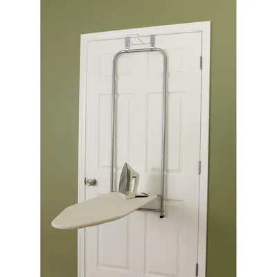 144222 Over The Door Small Ironing Board with Iron Holder, Natural Cotton Cover Silver