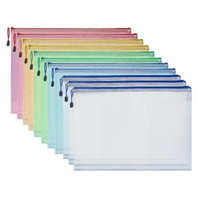 10pcs Colorful Zipper Pouches Vibrant Color Waterproof File Bags with Mesh Pockets Handle Rope for