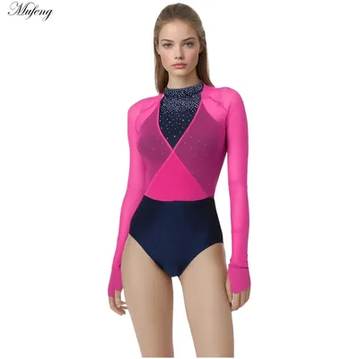 Women Ballet Dance Gymnastics Leotard Figure Skating Costume Long Sleeve Sheer Mesh Bodysuit Competition Performance Costumes