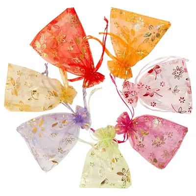 25/50/100pcs Organza Gift Bag 9x12cm 10x15cm Bauhinia Foil Stamping Flower Print Wedding Party Candy