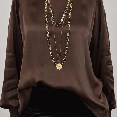 TEMU Women's Plus Size Satin Crew Neck Blouse - Elegant Shirred Cuff, Non-stretch Fabric, Solid Color Top For Spring/fall, Style Image