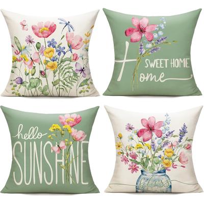 TEMU 4pcs Spring Outdoor Throw Pillow Covers 18x18 Set Of 4 Garden Flowers Farmhouse Patio Decorative Cushion Covers Home Decor Couch For Sofa Bedroom Livingroom Image