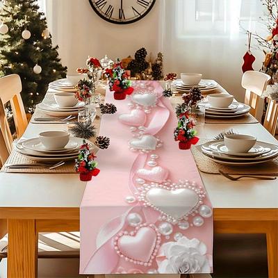 TEMU 1pc Elegant Pink Heart Table Runner With Pearl & - ’s Day, Wedding, Or Special Occasion Table Decor For Dining Room, Kitchen, Or - Soft & Festive Polyester Tablecloth Image