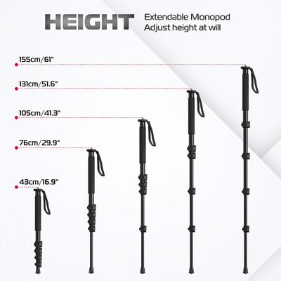 TEMU Aluminum Alloy Camera Monopod With Head, 61-inch, 5-section Adjustable, Lightweight & Portable, For Dslr, Mirrorless Cameras - , , & More Image