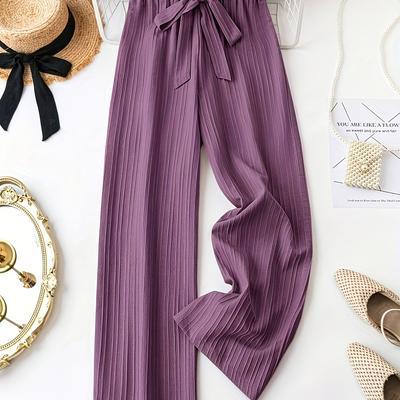 TEMU Women' Color Casual Tapered Pants With Tie Waist - Light Purple, Elastic Waistband, Relaxed Fit For Casual Attire, , Wide Leg Pants Image