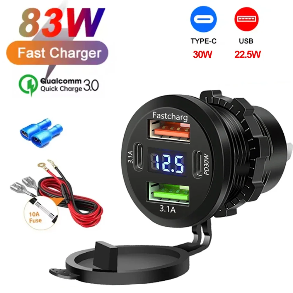 NEUE 117 W Dual PD Dual QC 3,0 USB Auto Ladegerät mit Voltmeter Buchse Steckdose Adapter Wasserdicht für 12 V/24 V Auto Boot Heißer Verkauf Image
