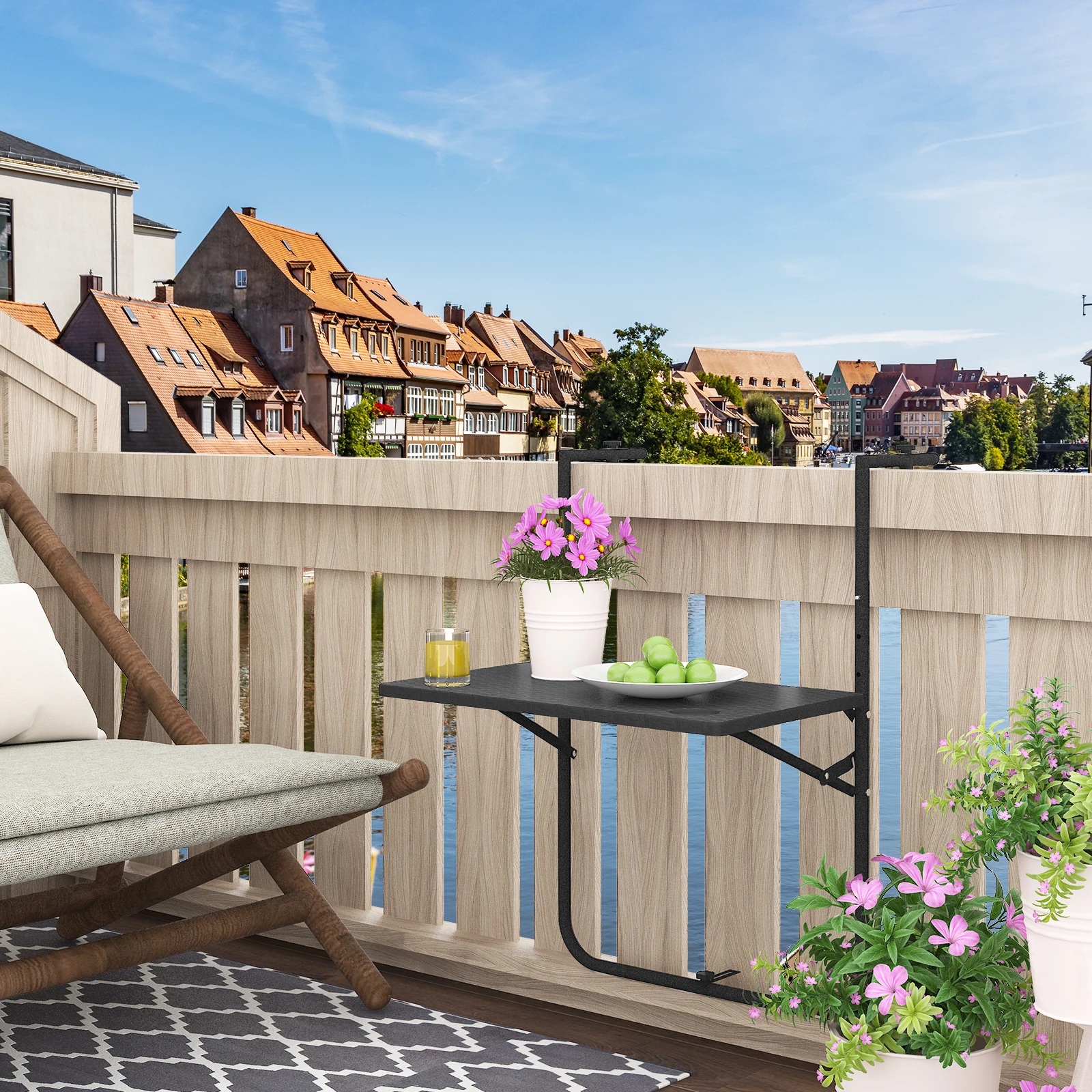 WOLTU Klappbarer hängender Balkontisch mit 3 höhenverstellbaren, kleiner Wanddecktisch, Rattan-Look, Gartenmöbel im Freien Image