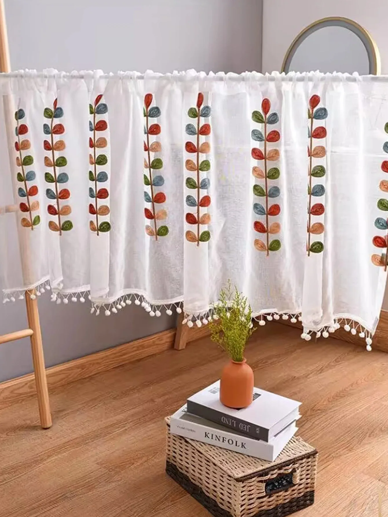 Valances für Fenster, vierfarbiger Zweig, bestickter halbtransparenter Vorhang, Küchenblume, halbes Fenster, durchsichtige Vorhänge, Stangentasche