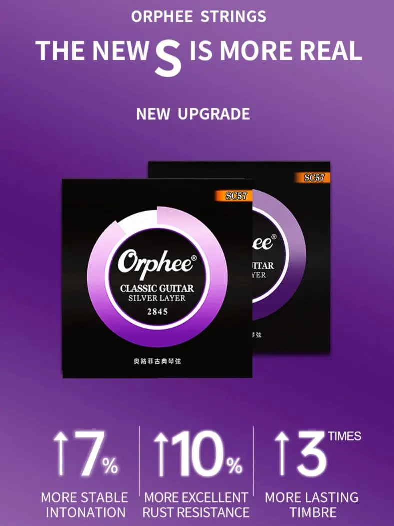 Orphee SC57 028-043 Saiten für klassische Gitarre, transparentes Nylon, versilbertes Kupfer, harte Musikinstrumenten-Zubehörteile Image