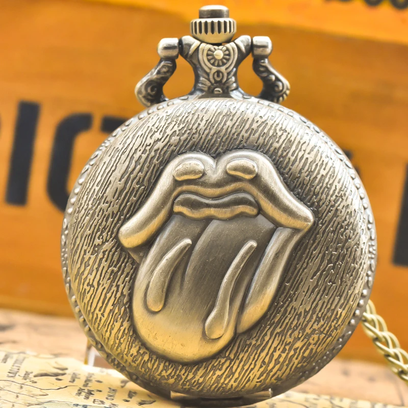 Vintage Bronze Steampunk Große Zunge Muschel Geschnitzte Quarz Taschenuhr Halskette Anhänger Uhr Kette Männer Frauen Kette Geschenk Image