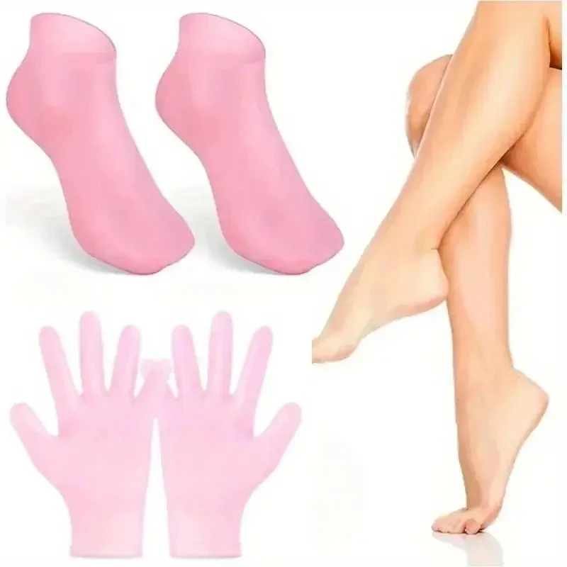 Feuchtigkeitsspendendes Silikon-Socken- und Handschuhe-Set – 2 Paar, wiederverwendbar zum Erweichen trockener, rissiger Haut an Händen und Füßen, rutschfestes Design Image