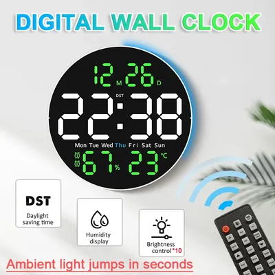 Digital Wall Clock With Mood Light USB Powered TEMP Humidity Week LED Alarm Clock DST 2 Alarm
