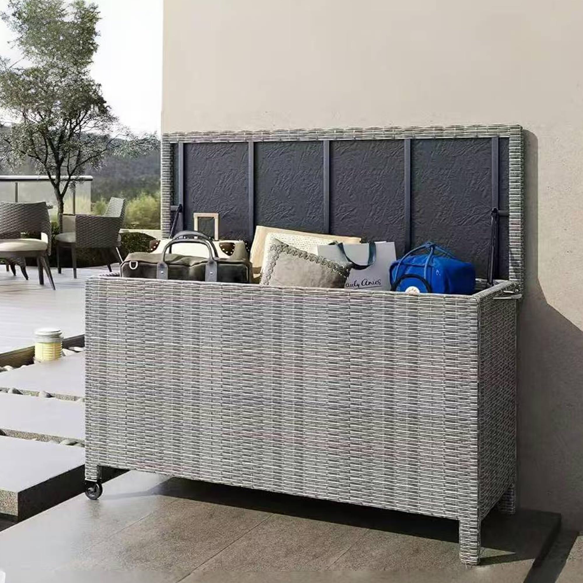 150 Gallon Large Deck Box, Built-In Handles Patio Storage Box for Storage With 2 Wheels & Metal Support Frame