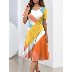 Robe midi élégante de soirée pour femmes col rond manches courtes robe A-line robe d'été coupe régulière graphique géométrique orange été printemps