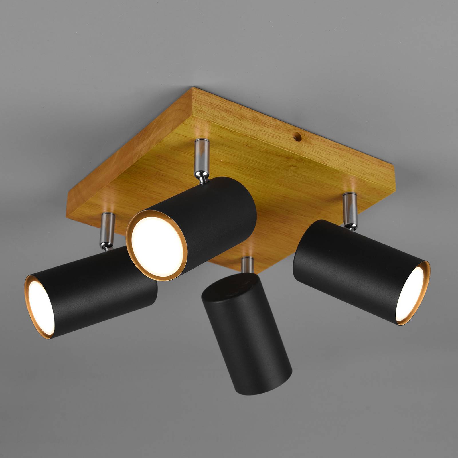 Trio Lighting Deckenstrahler Marley, schwarz matt, 4-flammig dimmbar, Holz hell, für Wohn- / Esszimmer, Metall, Modern, Strahler
