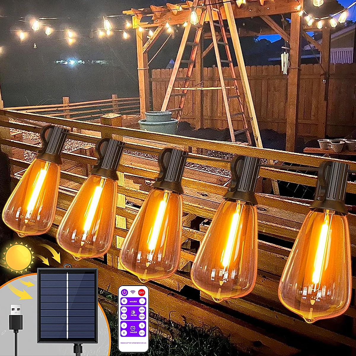 9,5 m/12 m Solar-Lichterkette für den Außenbereich mit Fernbedienung, IP65 wetterfest, Solar-LED-Lampen, anschlussbar für Terrasse, Garten, Balkon