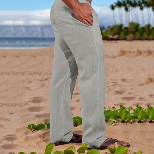 Herren Leinenhosen Hose Sommerhose Baggy-Hosen Strandhose Kordelzug Elastischer Bund Gerader Schnitt Einfach Komfort Atmungsaktiv Volle Länge Täglich Ferien Strand Urlaub Mode Weiß Marineblau Image