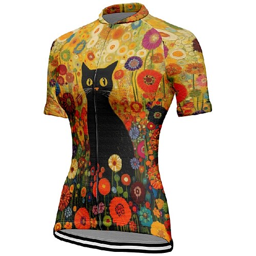 Damen Radtrikot Katze Hund Blume Kurzarm Fahhrad T-Shirt Trikot mit 3 Gesäßtaschen Mountainbike MTB Schnelltrocknend Anatomisches Design Feuchtigkeitsableitend Atmungsaktiv Sport Gelb Orange Grün Image
