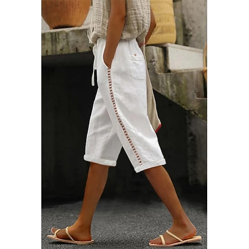 Damen 100% Baumwolle Stoffhosen Schnitt Streetwear Lässig Knielang Natürliche Taille Farbblock Tasche Bequem Straße Ausgehen lichter Ocker Aprikose Hellhimmelblau Grau Sommer Normale Passform Image