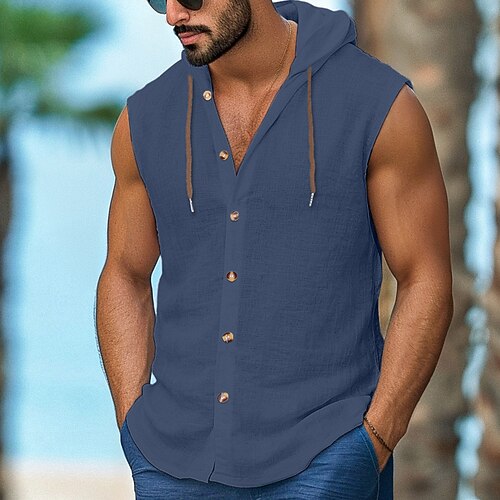Herren Hemd Leinenhemd Freizeithemd Knopfhemd Hemden zum Herausstecken Einfach Urlaub Straße Schwarz Weiß Marineblau Braun Ärmellos Mit Kapuze Sommer Bekleidung Verstellbare Kordelzughaube Image