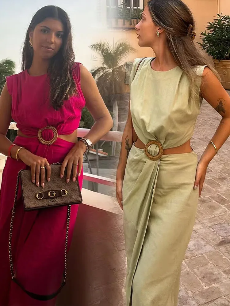 Weibliche Lange Kleid Solide Grün Oansatz Aushöhlen Taille Ärmellose Sexy Kleider 2024 Sommer Mujer Vestidos Strand Stil