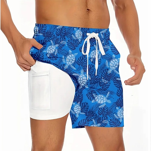 Herren Meeresschildkröte Gefütterte Shorts 2 in 1 Badeshorts Badehosen Mittlere Taille Hawaiianisch Lässig Urlaub Strandbekleidung Seitentaschen Mit Kompressionsfutter Elastischer Kordelzug in der Image