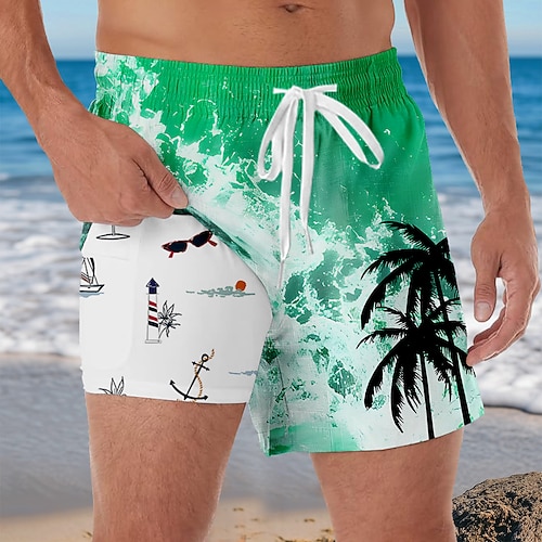 Herren Kokospalme Ozean Tropisch Gefütterte Shorts 2 in 1 Badeshorts Badeshorts Mittlere Taille Hawaiianisch Urlaub Strandbekleidung Seitentaschen Mit Kompressionsfutter Elastischer Kordelzug in der Image
