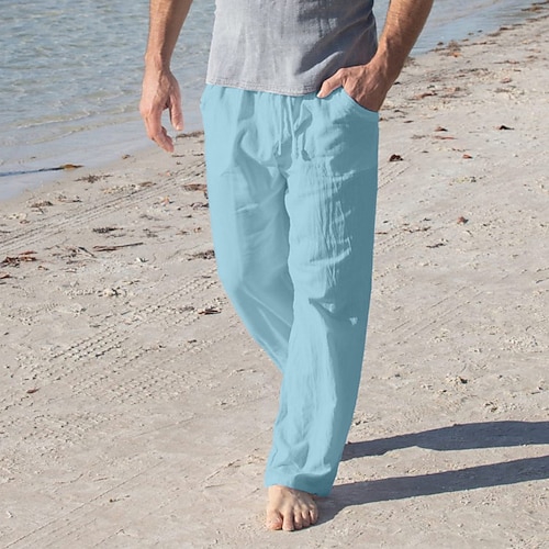 Herren Leinenhosen Hose Freizeithose Sommerhose Baggy-Hosen Kordelzug Fronttasche Gerader Schnitt Einfach Komfort Atmungsaktiv Volle Länge Strand Yoga Ferien Mode Hawaiianisch Weiß Marineblau Image