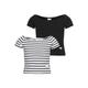 Carmenshirt KANGAROOS "2er Pack T-Shirts", Mädchen, Gr. 140/146, ringel, schwarz, Single Jersey, Obermaterial: 95% Baumwolle, 5% Elasthan, geringelt, modisch, eng taillenlang, Carmenausschnitt, Kurzarm Raglanärmel, Shirts, 1x uni + 1x geringelt