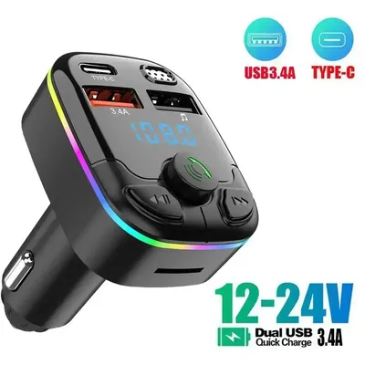 Bluetooth 5.0 Car FM Transmitter PD Type-C Dual USB Atmosphere MP3 Player Type-C Fast Charger