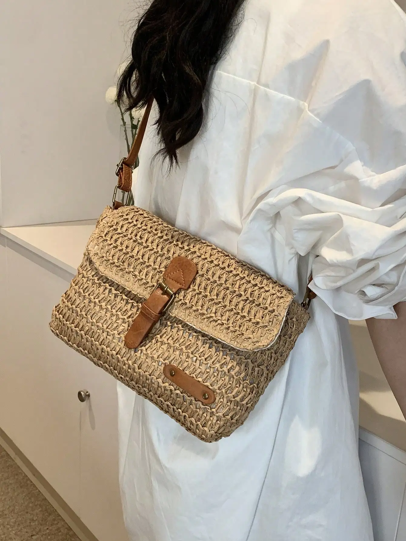 Nuova Borsa Donna in Paglia Intrecciata alla Moda, Borsa a Tracolla Casual Trendy per Vacanze, Borsa Donna in Paglia Intrecciata Versatile ed Elegante