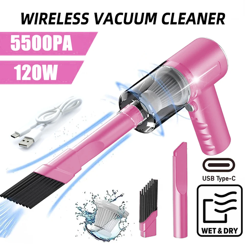 1pc Pink 3 In 1 Integrated Suction And Blowing Vacuum Combination Vacuum Cleaner USB Charging Small Car Household Vacuum Cleaner