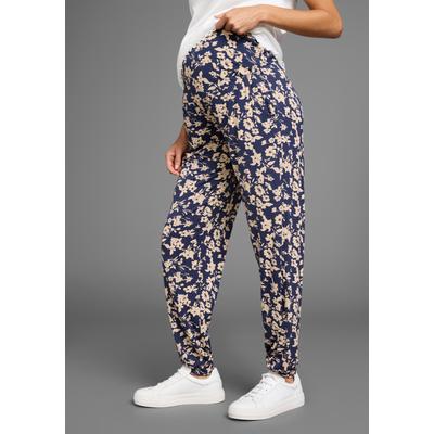 Umstandshose NEUN MONATE "Haremshose für Schwangerschaft und Stillzeit", Damen, Gr. 40/42, N-Gr, blau (marine geblümt), Jersey, Obermaterial: 95% Viskose, 5% Elasthan, bedruckt, geblümt, Basic, bequem lang, Hosen, in bequemer Passform und mit...