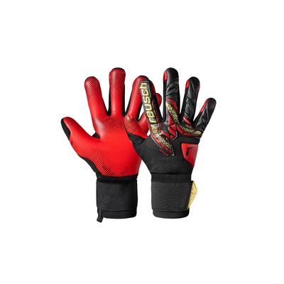 Torwarthandschuhe REUSCH "Attrakt Gold X GluePrint", Damen, Gr. 10,5, bunt (silberfarben, rot), 3% Polyamid, 4% Polyurethan, 59% Elastodien, 34% Polyester, mehrfarbig, sportlich, Handschuhe, mit Evolution Negative Cut
