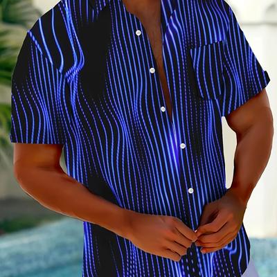 TEMU Men's Casual Stripe 3d Short Sleeve Shirt With Button Pocket - Polyester, Non-stretch, Machine Washable, Summer Fashion Image