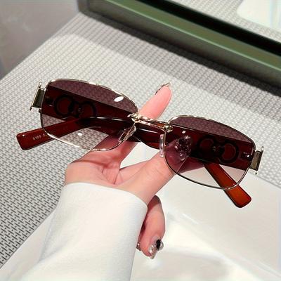 TEMU 1pc Chic Women's Gradient Brown Oval Glasses - Metal Frame, Pc Lenses, Fashionable Everyday Accessory Image